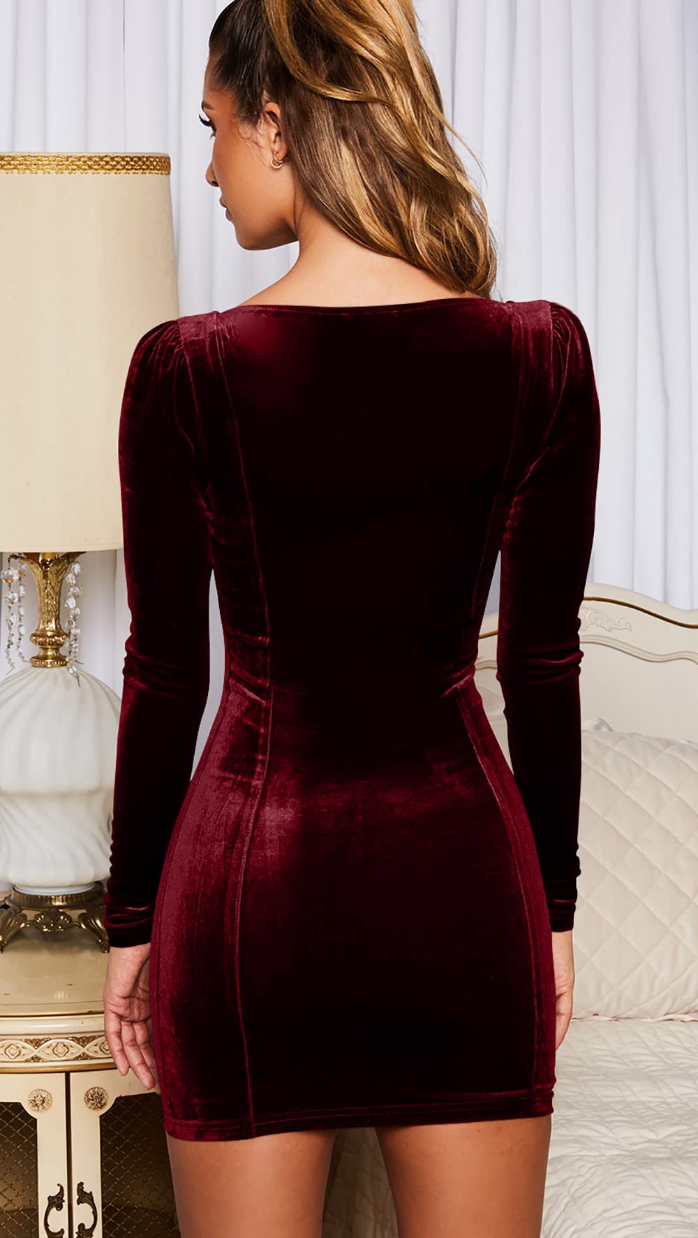 GOBLES Womens Sexy Velvet Long Sleeve Bodycon Elegant Mini Party Dress Wine Red