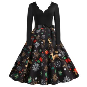 christmas dresses for women funny christmas dress for women 1950s vintage long sleeve v neck xmas santa claus printed plus size prom dresses with belt