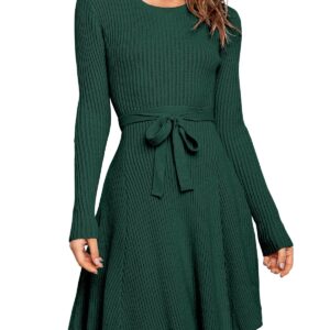 ANRABESS Women Long Sleeve Fall Dresses 2024 Crewneck Tie Waist A-Line Swing Casual Ribbed Knit Cute Short Sweater Dress Green Large