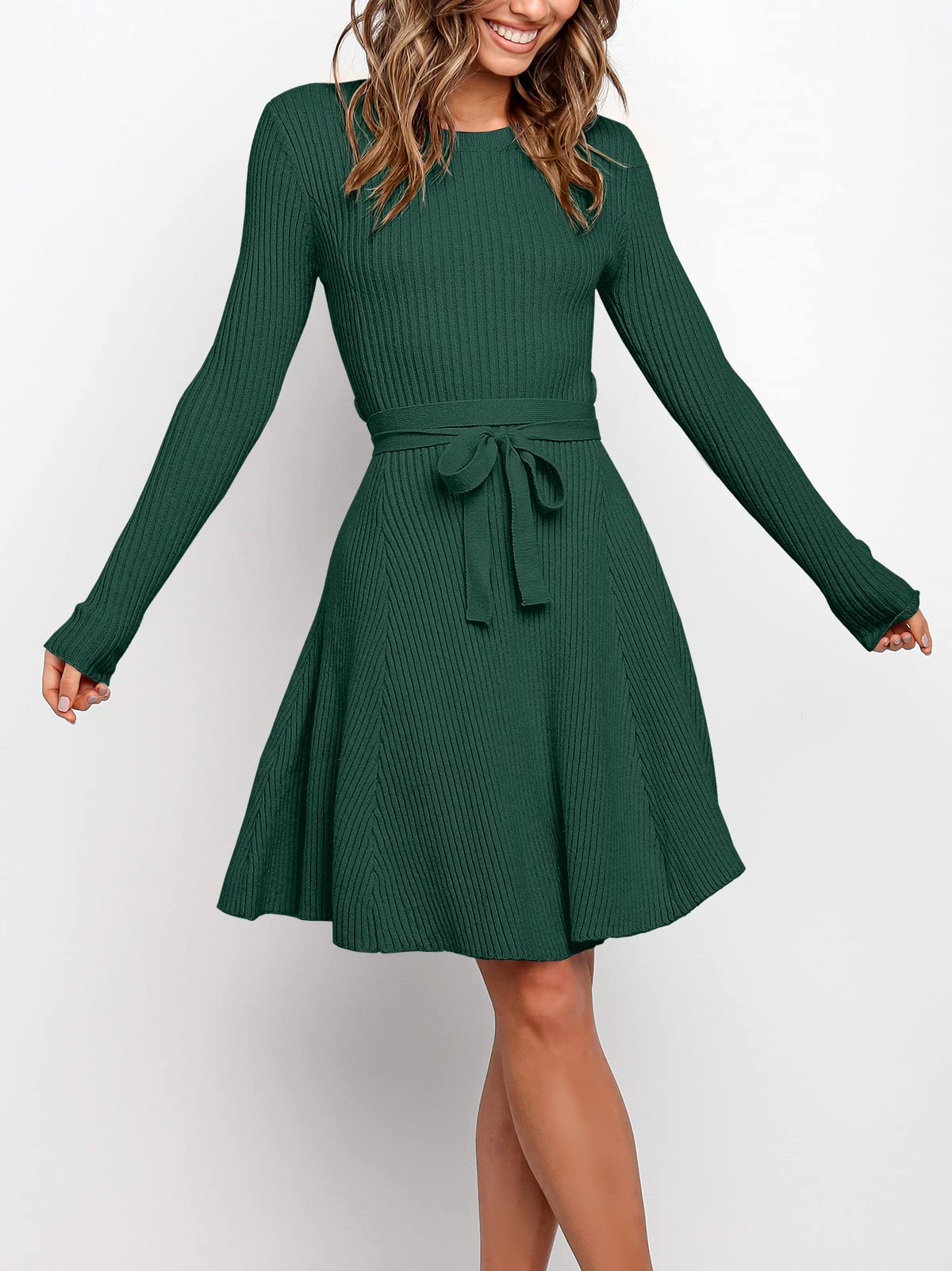 ANRABESS Women Long Sleeve Fall Dresses 2024 Crewneck Tie Waist A-Line Swing Casual Ribbed Knit Cute Short Sweater Dress Green Large