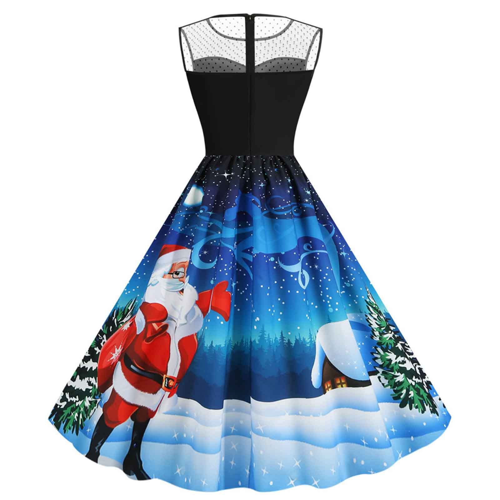 Womens Retro Dress Summer Christmas Printing Party Dresses 2023 Lace Patchwork Sexy Formal Long Dress