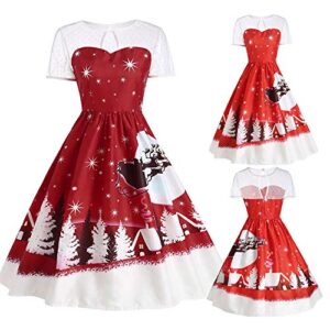 Vintage Christmas O-Neck Printed Dress for Women's Short Sleeve A-Line Swing Dress