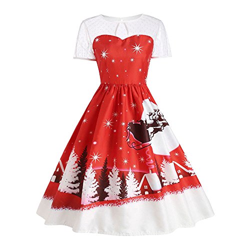 Vintage Christmas O-Neck Printed Dress for Women's Short Sleeve A-Line Swing Dress