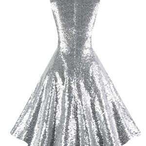 Dressever Women's 50s 60s Vintage Sleeveless Cocktail Party Dress with Pockets Sequins Silver L