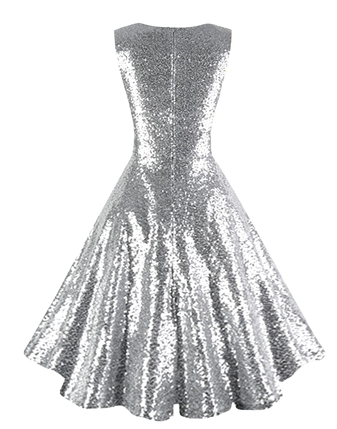 Dressever Women's 50s 60s Vintage Sleeveless Cocktail Party Dress with Pockets Sequins Silver L