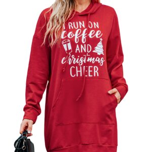 Quenteen I Run On Coffee and Christmas Cheer Sweatshirt Dress For Women Casual Loose Fitiing Hoodies Dress Red Small