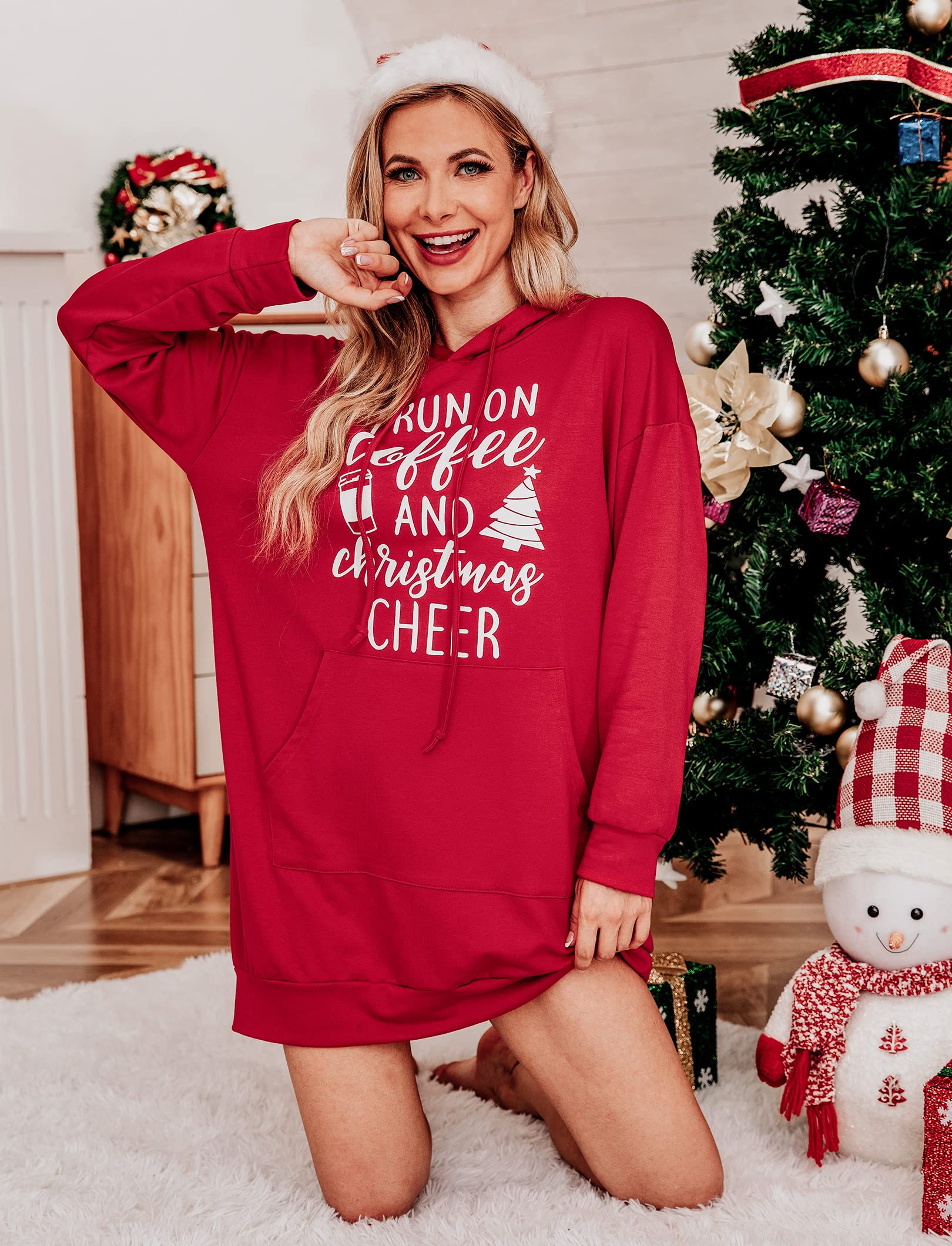 Quenteen I Run On Coffee and Christmas Cheer Sweatshirt Dress For Women Casual Loose Fitiing Hoodies Dress Red Small