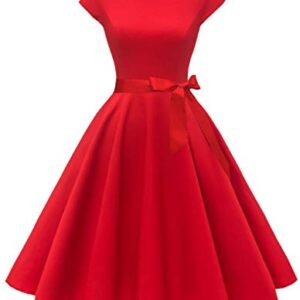 PUKAVT Women's 1950 Boatneck Cap Sleeve Vintage Swing Cocktail Party Dress with Pockets Red XL