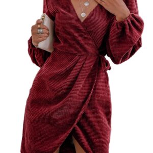 BerryGo Women's 2023 Elegant Velvet Wrap Long Balloon Sleeve Party Dresses Deep V Neck Cocktail Mini Fall Dress Wine Red,XL