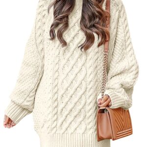 ANRABESS Women Long Sleeve Oversized Cable Knit Chunky Baggy Loose Pullover Tunic Mini Sweater Dress 2024 Trendy Fall Outfits Beige Small