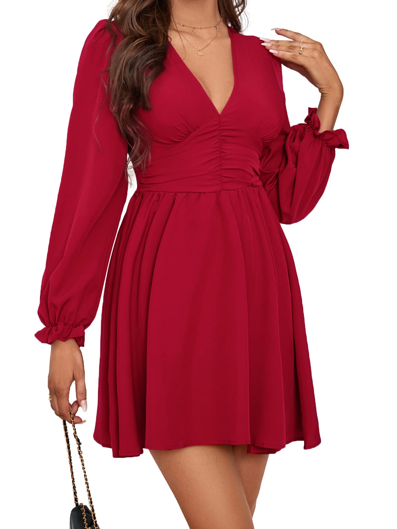 Umenlele Women's V Neck Ruched Ruffle Puff Long Sleeve Cocktail Flowy Mini Short Dress Cherry Small