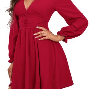 Umenlele Women's V Neck Ruched Ruffle Puff Long Sleeve Cocktail Flowy Mini Short Dress Cherry Small