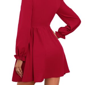 Umenlele Women's V Neck Ruched Ruffle Puff Long Sleeve Cocktail Flowy Mini Short Dress Cherry Small