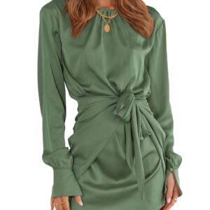 BTFBM Women Casual Long Sleeve Ruched Wrap Dress Crew Neck Tie Waist Short Dress Solid Color Mini Dress Satin Cocktail Dress(Solid Army Green,Large)