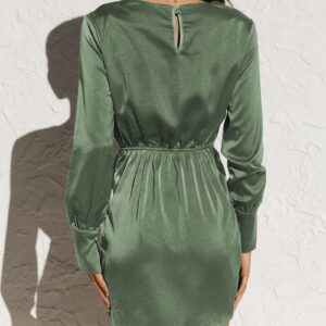 BTFBM Women Casual Long Sleeve Ruched Wrap Dress Crew Neck Tie Waist Short Dress Solid Color Mini Dress Satin Cocktail Dress(Solid Army Green,Large)