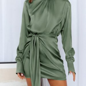 BTFBM Women Casual Long Sleeve Ruched Wrap Dress Crew Neck Tie Waist Short Dress Solid Color Mini Dress Satin Cocktail Dress(Solid Army Green,Large)