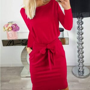 PRETTYGARDEN Women's Fashion Casual Long Sleeve Belted Party Bodycon Sheath Pencil Dress (Red,Large)