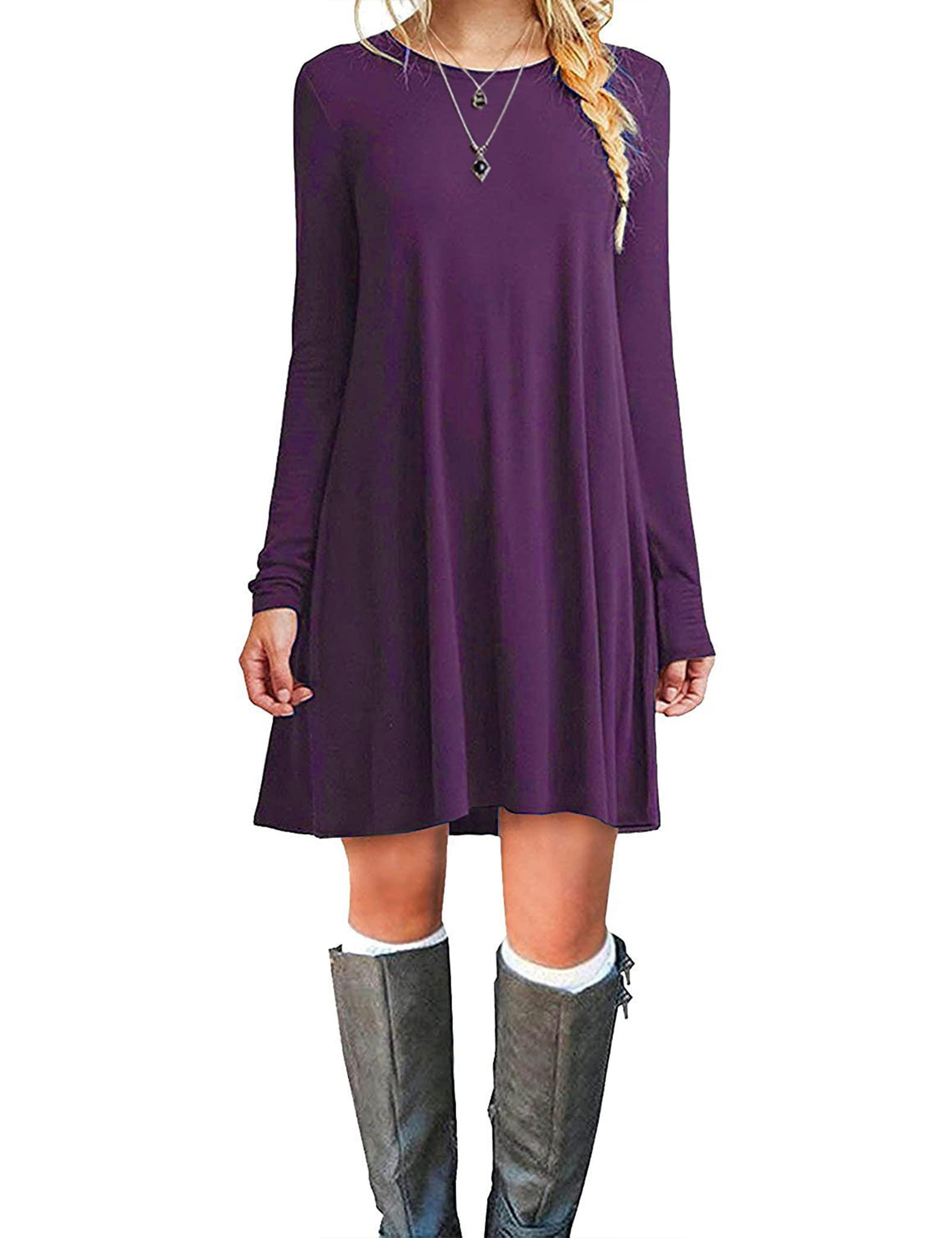 MOLERANI Women's Casual Plain Long Sleeve Simple T-Shirt Loose Dress (M, Purple)