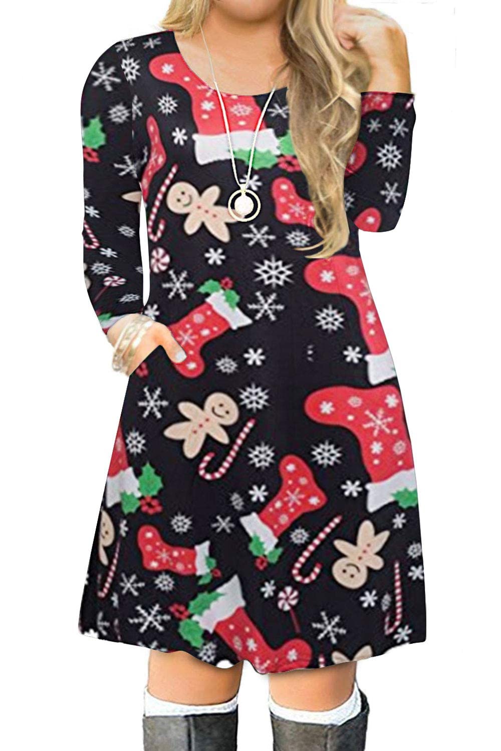 VISLILY Women's Plus Size Christmas Holiday Dress Xmas Patterned Tunic Dress 20W 03C