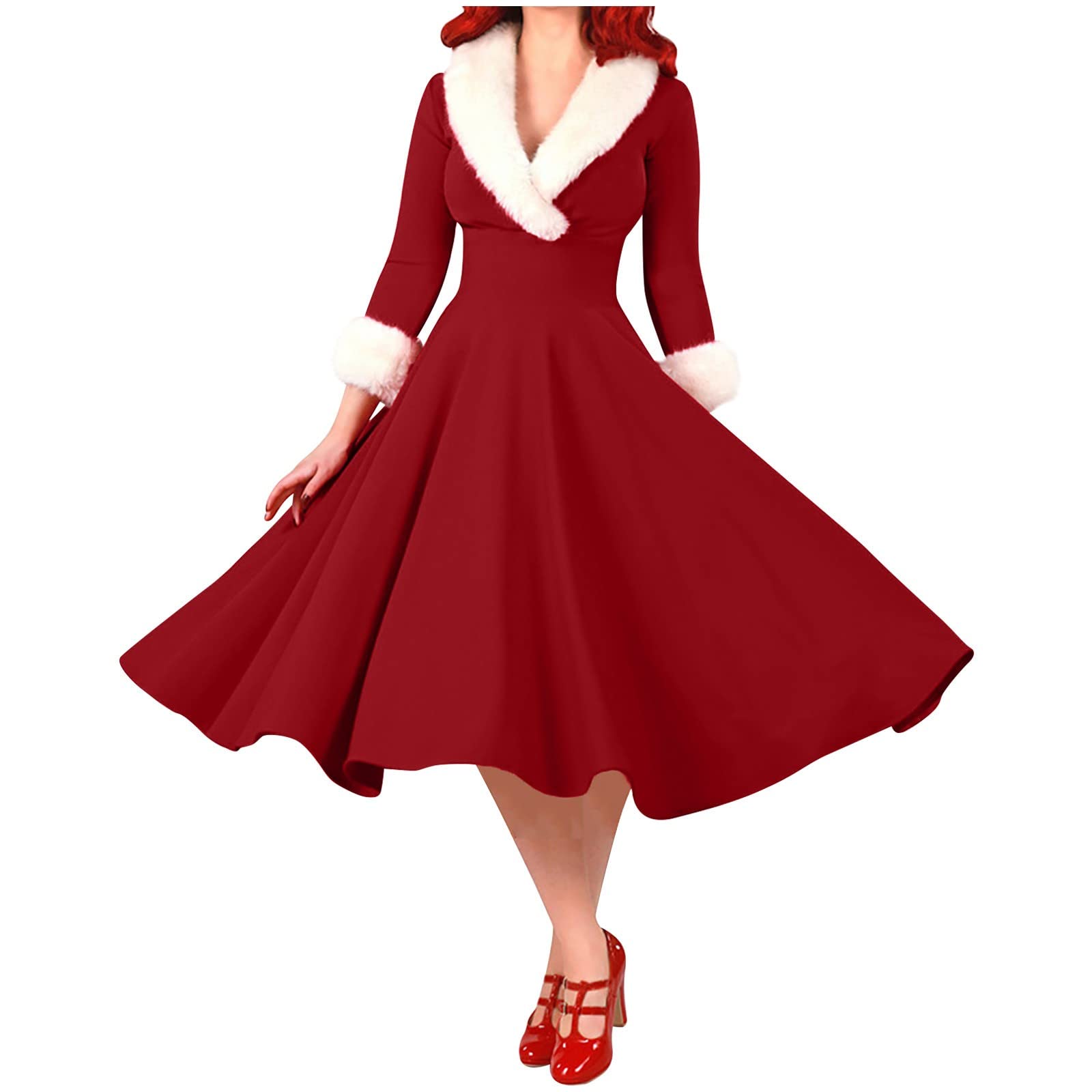 Womens Christmas Midi Dresses Long Sleeve Fur Trim Dresses Mrs Santa Costume Fancy Cosplay Outfits Party Dress Red