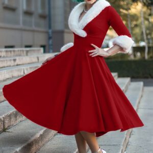 Womens Christmas Midi Dresses Long Sleeve Fur Trim Dresses Mrs Santa Costume Fancy Cosplay Outfits Party Dress Red