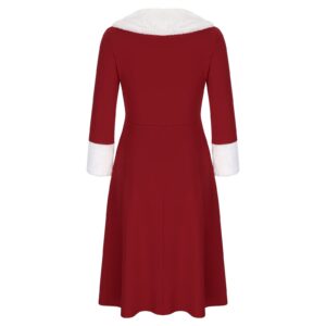 Womens Christmas Midi Dresses Long Sleeve Fur Trim Dresses Mrs Santa Costume Fancy Cosplay Outfits Party Dress Red