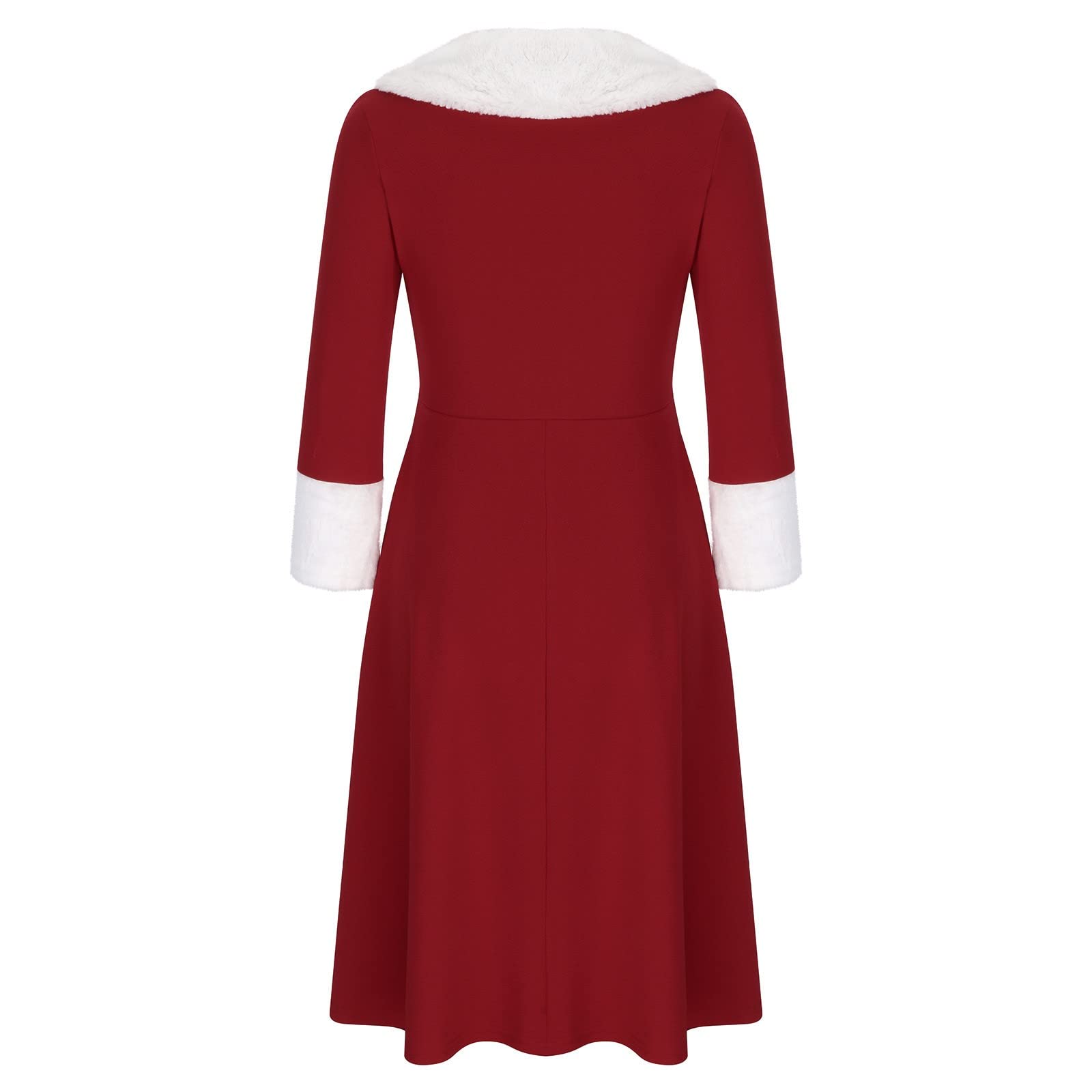 Womens Christmas Midi Dresses Long Sleeve Fur Trim Dresses Mrs Santa Costume Fancy Cosplay Outfits Party Dress Red