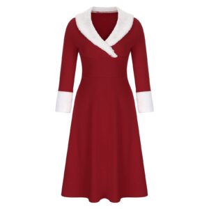 Womens Christmas Midi Dresses Long Sleeve Fur Trim Dresses Mrs Santa Costume Fancy Cosplay Outfits Party Dress Red