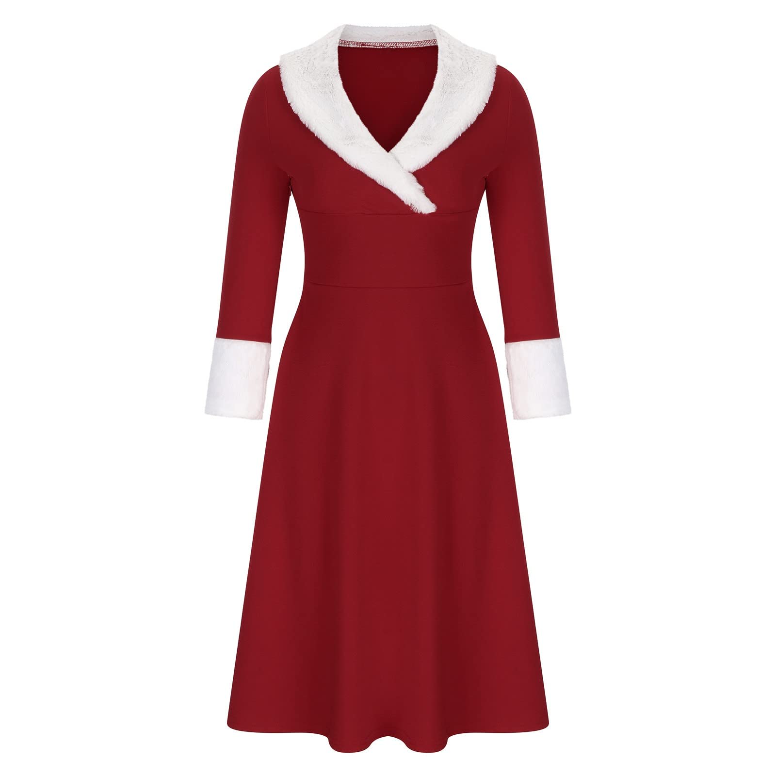 Womens Christmas Midi Dresses Long Sleeve Fur Trim Dresses Mrs Santa Costume Fancy Cosplay Outfits Party Dress Red