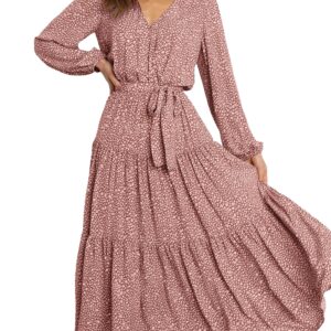 PRETTYGARDEN Women's 2024 Long Sleeve Ruffle Wrap V Neck Floral Maxi Dress Tie Waist Boho Chiffon Casual Flowy Long Dress(Pink,Large)