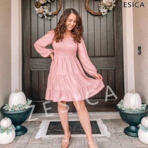 ZESICA Women's Casual V Neck Long Sleeve Smocked High Waist Ruffle A Line Tiered Mini Dress,DarkPink,Medium