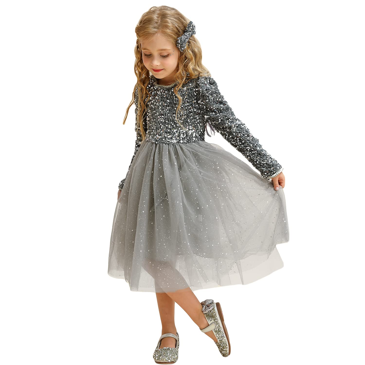 TTYAOVO Girls Sequins Long Sleeve Princess Party Dress Size 120 (4-5 Years) 1908 Grey-a