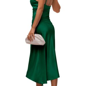 LYANER Women's Satin Spaghetti Straps Cowl Neck Sexy Ruch Cocktail Midi Dresses Dark Green Large