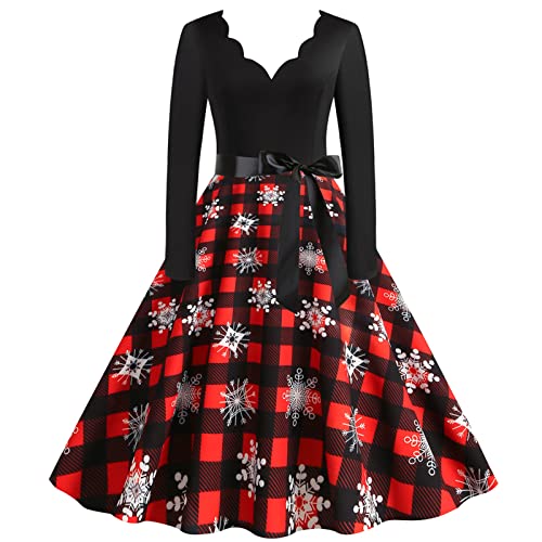 Christmas Dresses for Women 2023 Vintage Evening Dresses Sexy Long Sleeve V Neck Plaid Snowflake Print Patchwork Fall Dress with Belt 18-Red