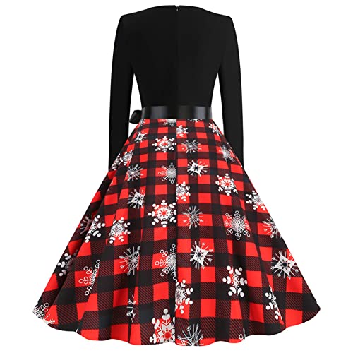 Christmas Dresses for Women 2023 Vintage Evening Dresses Sexy Long Sleeve V Neck Plaid Snowflake Print Patchwork Fall Dress with Belt 18-Red