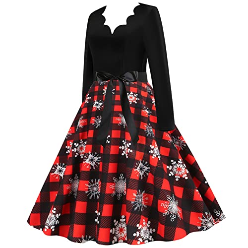 Christmas Dresses for Women 2023 Vintage Evening Dresses Sexy Long Sleeve V Neck Plaid Snowflake Print Patchwork Fall Dress with Belt 18-Red