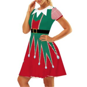 Jeweky Christmas Dress Casual Midi Dress Short Sleeve Flared Christmas Dress 3D Printed Dress Party Daily Dresses for Women and Girls (L)