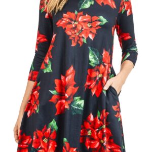 ICONOFLASH Women's Plus Size Christmas Flower Dresses with Pockets XL 3/4 Sleeves Flared Swing Dress Poinsettia Holiday Party Black