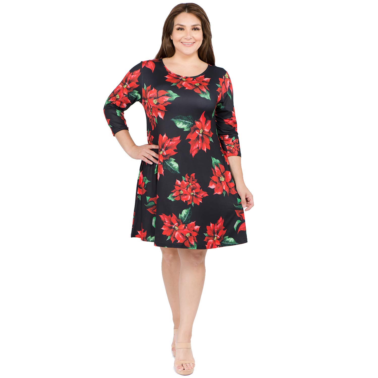 ICONOFLASH Women's Plus Size Christmas Flower Dresses with Pockets XL 3/4 Sleeves Flared Swing Dress Poinsettia Holiday Party Black