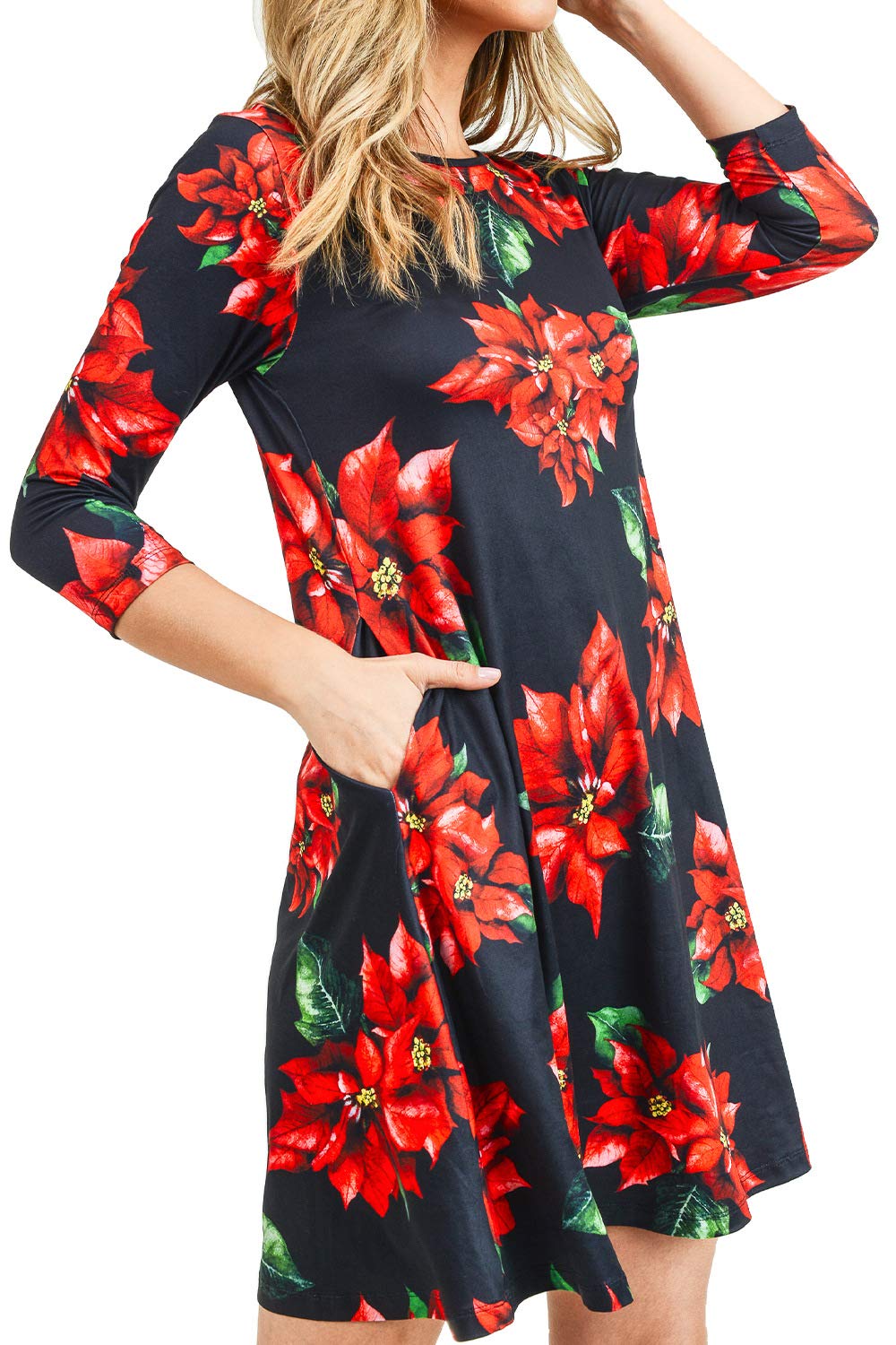 ICONOFLASH Women's Plus Size Christmas Flower Dresses with Pockets XL 3/4 Sleeves Flared Swing Dress Poinsettia Holiday Party Black