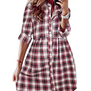 FANCYINN Women's Gingham Stand Collar Shirt Dress Button Up Casual Round Up Long Sleeve Mini Plaid Shirt Dresses Christmas Red and Black XL