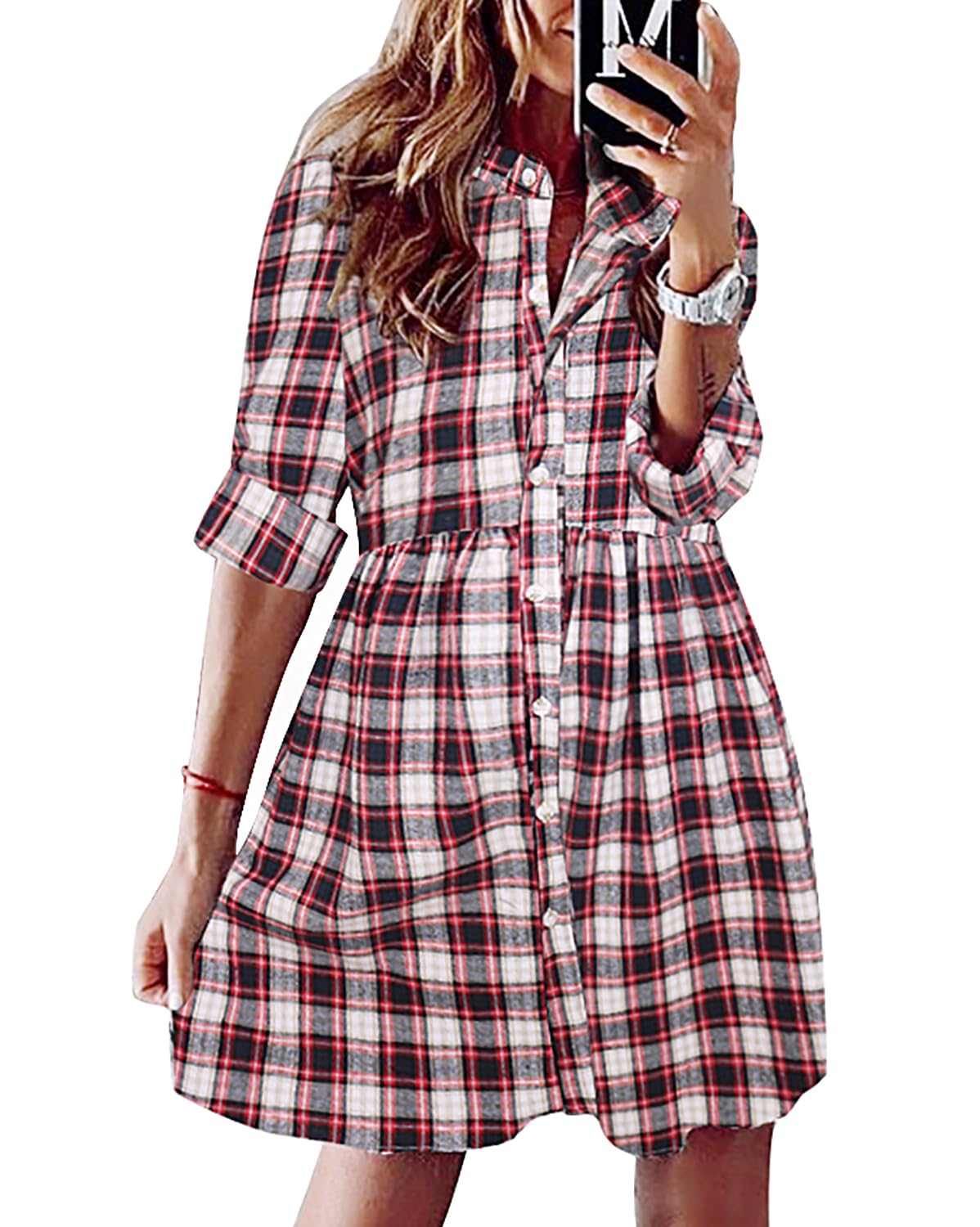 FANCYINN Women's Gingham Stand Collar Shirt Dress Button Up Casual Round Up Long Sleeve Mini Plaid Shirt Dresses Christmas Red and Black XL