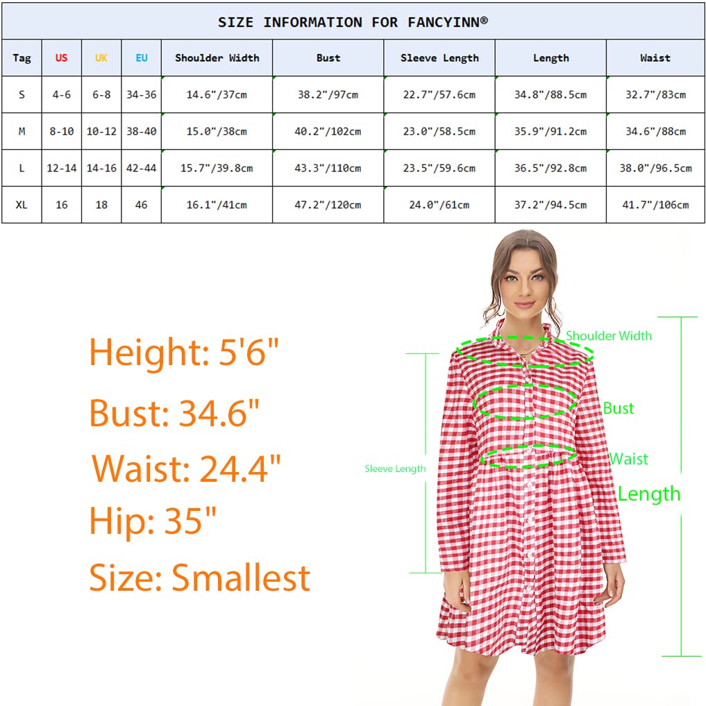 FANCYINN Women's Gingham Stand Collar Shirt Dress Button Up Casual Round Up Long Sleeve Mini Plaid Shirt Dresses Christmas Red and Black XL