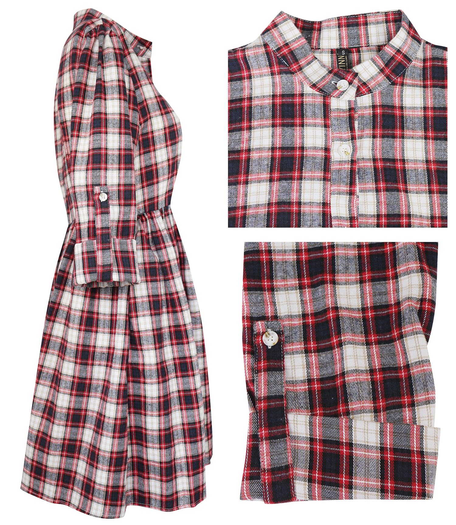 FANCYINN Women's Gingham Stand Collar Shirt Dress Button Up Casual Round Up Long Sleeve Mini Plaid Shirt Dresses Christmas Red and Black XL