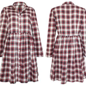 FANCYINN Women's Gingham Stand Collar Shirt Dress Button Up Casual Round Up Long Sleeve Mini Plaid Shirt Dresses Christmas Red and Black XL