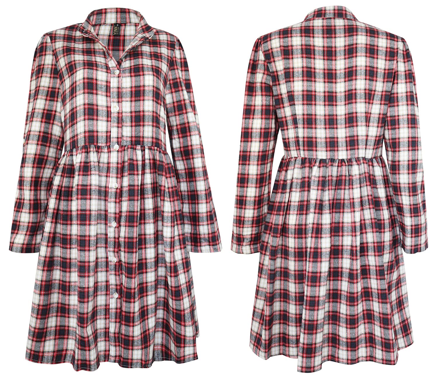 FANCYINN Women's Gingham Stand Collar Shirt Dress Button Up Casual Round Up Long Sleeve Mini Plaid Shirt Dresses Christmas Red and Black XL