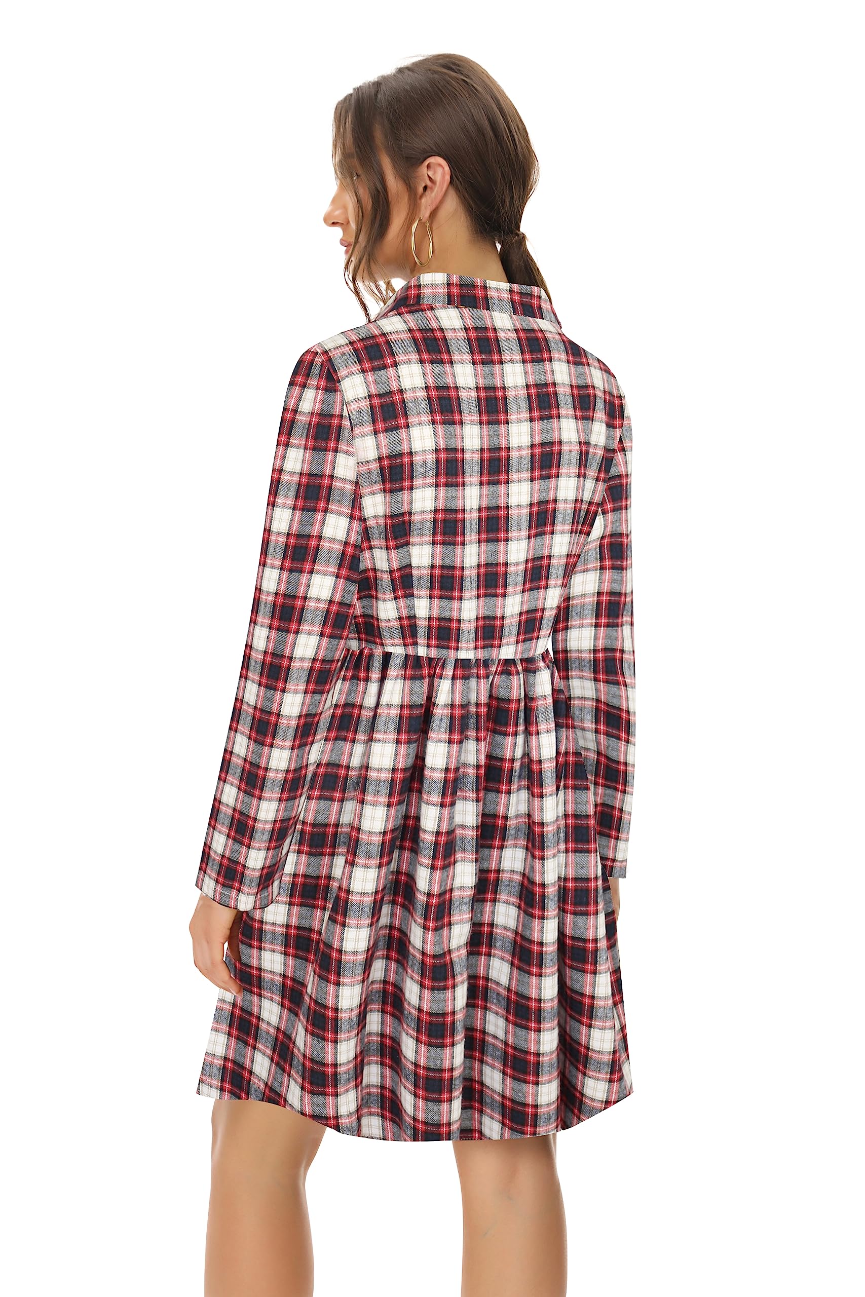 FANCYINN Women's Gingham Stand Collar Shirt Dress Button Up Casual Round Up Long Sleeve Mini Plaid Shirt Dresses Christmas Red and Black XL