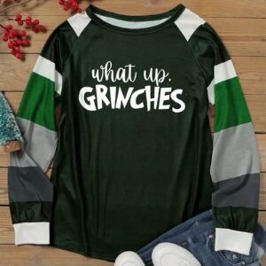 What Up Grinches Christmas Sweatshirt for Women Color Block Christmas Print Long Sleeve Top T-Shirt (Green, X-Large)