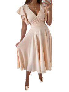 lyaner women's deep v neck ruffle short sleeve wrap swing a line flared cocktail party midi dress beige solid small