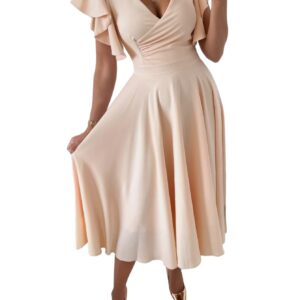 LYANER Women's Deep V Neck Ruffle Short Sleeve Wrap Swing A Line Flared Cocktail Party Midi Dress Beige Solid Small